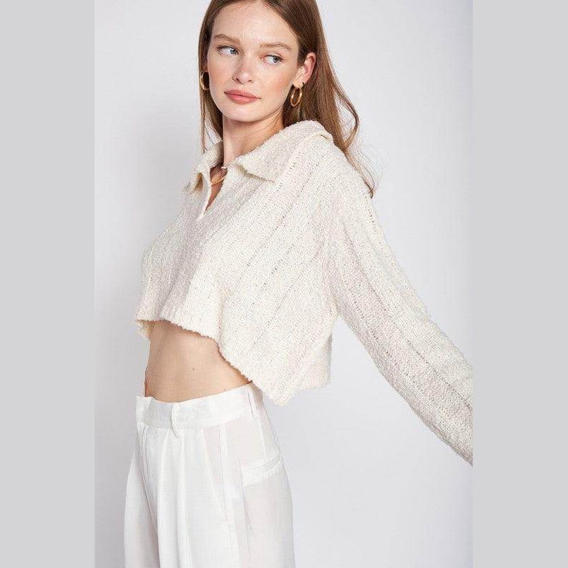 Emory Park stylish long sleeve crop shirt in cream with a collared neckline and textured fabric
