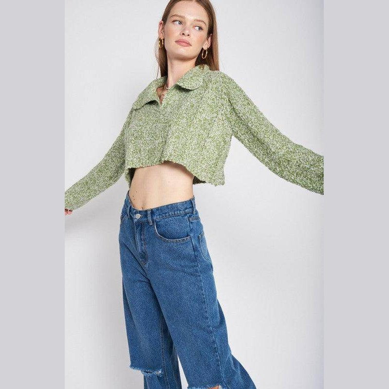 Emory Park stylish long sleeve crop shirt in green with a comfortable fit and trendy collar design