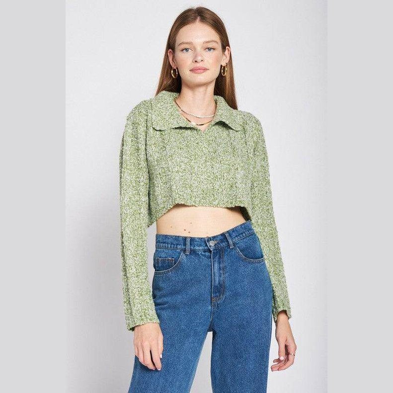 Emory Park stylish long sleeve crop shirt in green with a collar and relaxed fit for a trendy look