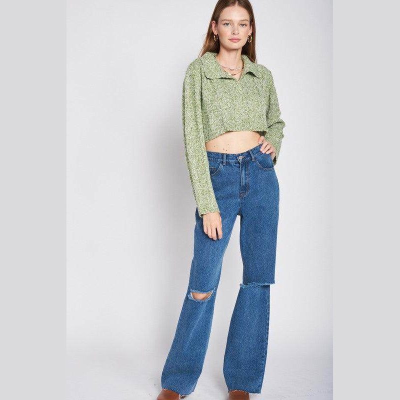 Emory Park stylish long sleeve crop shirt in green paired with high-waisted blue jeans