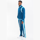 Stylish mens tracksuit set in blue featuring contrast stripes and a zip-up jacket