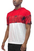Men's stylish red camo top with a hood and contrasting white bottom for a trendy look