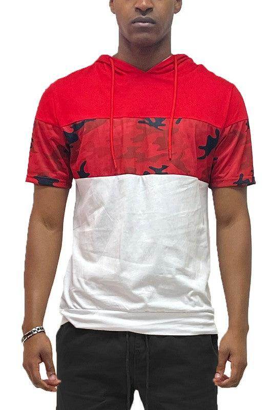 Men's stylish red camo top with a hood and white lower section for a trendy look