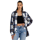 WEIV Women's Stylish Shacket for Travel in Blue and White Plaid with Button Closure
