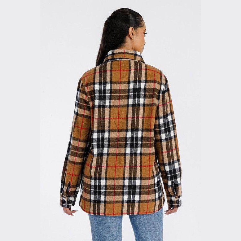 Women's WEIV stylish shacket for travel in a brown plaid pattern with a relaxed fit and soft fabric.