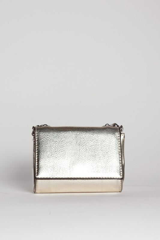 Bella Chic stylish silver purse for women with a textured metallic finish and chain strap