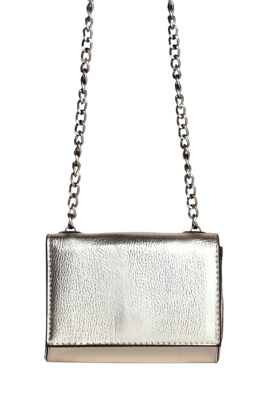 Stylish silver purse for women with textured finish and chain shoulder strap by Bella Chic