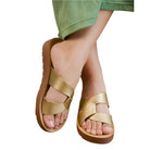 Maker's Shoes stylish summer sandals for women with gold straps and brown soles