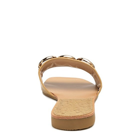 Rag Company stylish summer slides for women with metallic band and cushioned sole in tan color