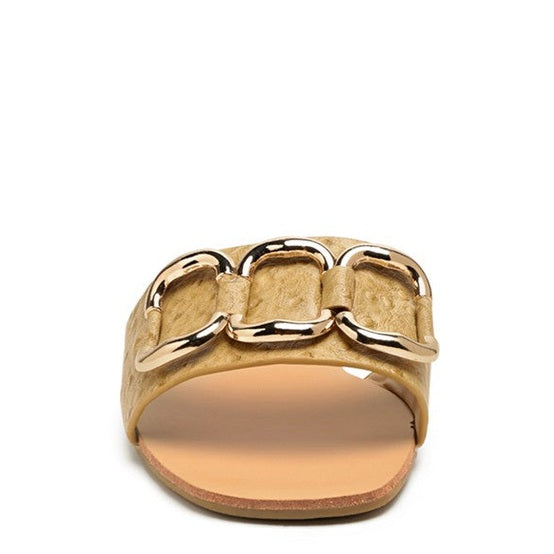 Rag Company stylish summer slides for women with gold chain detail on tan leather strap