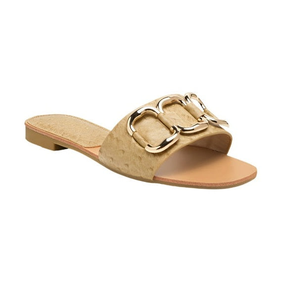 Rag Company beige stylish summer slides for women with gold buckle detail and flat sole