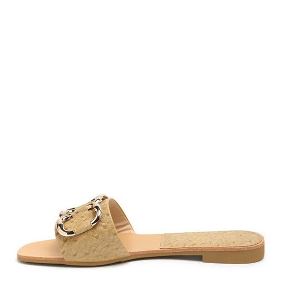 Rag Company stylish summer slides for women in beige with decorative buckle and flat sole