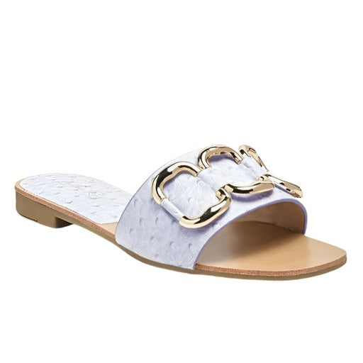 White stylish summer slides for women with gold buckle detail by Rag Company