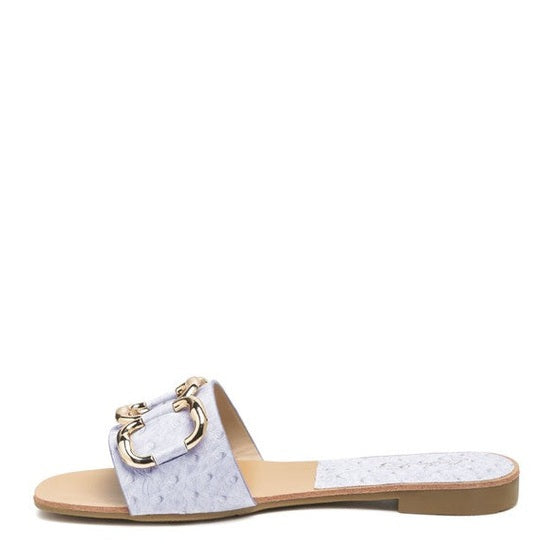 Rag Company stylish summer slides for women with white textured strap and gold chain detail