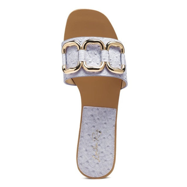 Rag Company stylish summer slides for women with tan sole and silver strap featuring gold buckle details