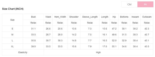 Size chart in inches for YNIQUE clothing showing bust waist hem width shoulder sleeve length and bottom measurements