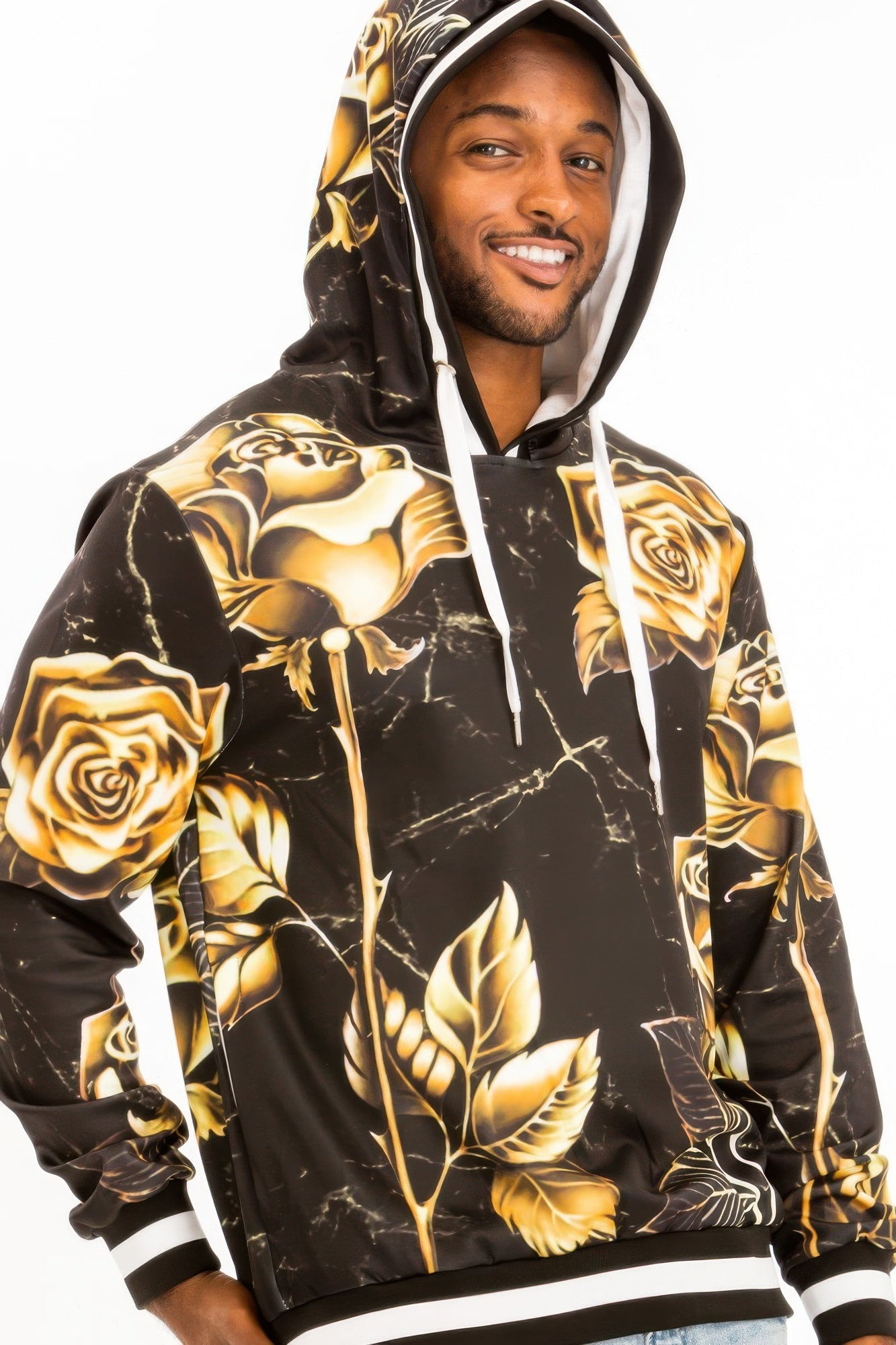 Men's 2PC Track Set from VacationGrabs featuring a stylish hooded sweatshirt with rose print, perfect for a stylish travel outfit