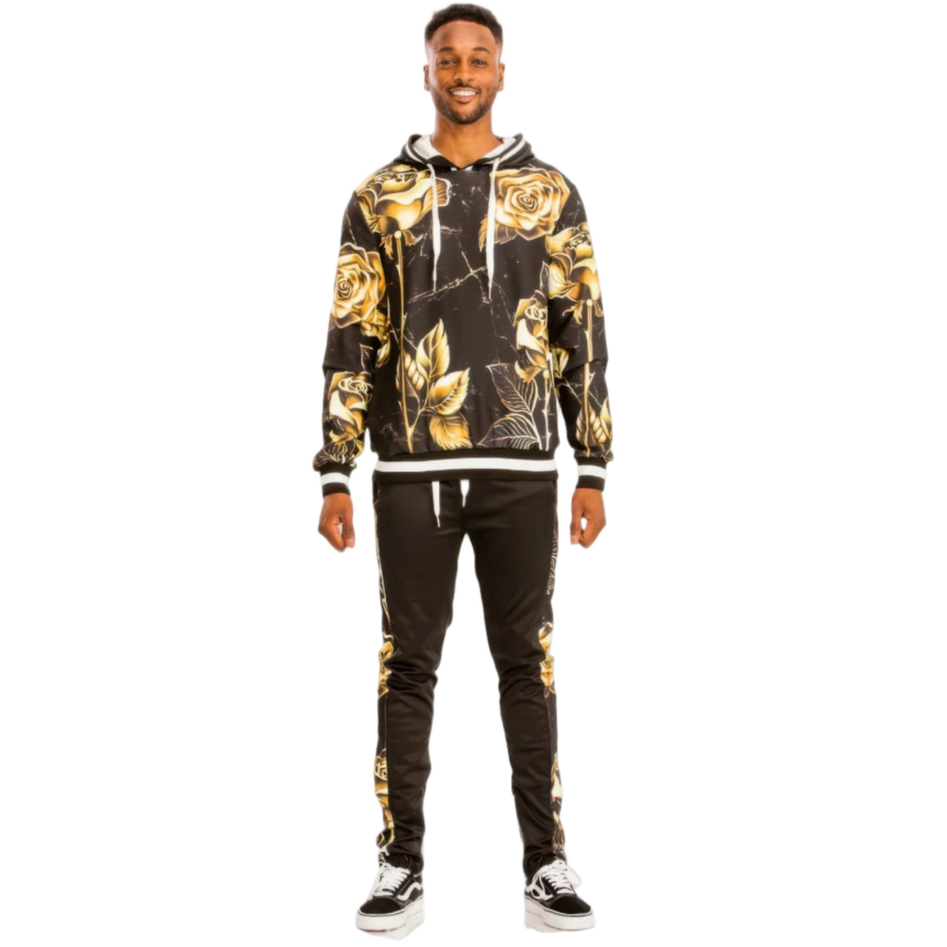 Men's 2PC Track Set from VacationGrabs in stylish black with gold floral design, ideal for a stylish travel outfit.
