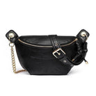 Aili's Corner stylish travel waist pack in black leather with a gold chain and adjustable strap