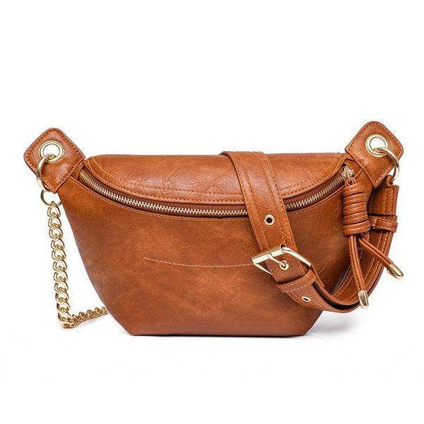 Aili's Corner stylish travel waist pack made of brown faux leather with a gold chain strap