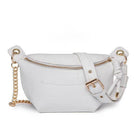 Stylish travel waist pack in white leather with gold accents and adjustable strap for convenience