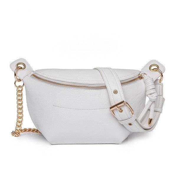 Stylish travel waist pack in white leather with gold accents and adjustable strap for convenience