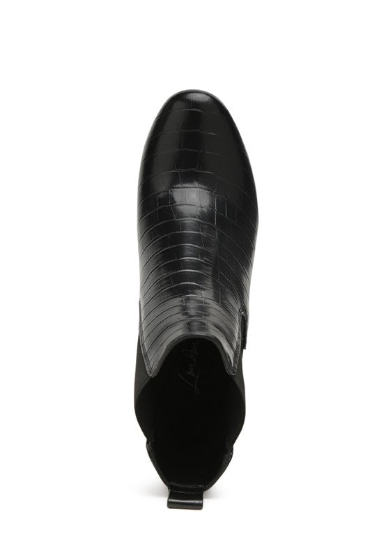 Rag Company stylish vacation ankle boots for women with a sleek black crocodile texture design