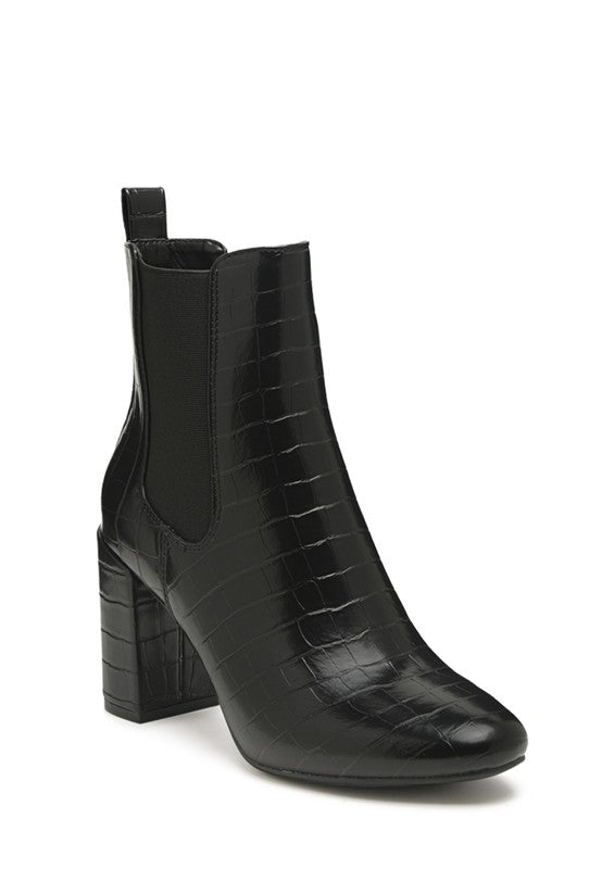 Rag Company stylish vacation ankle boots for women in black with a crocodile texture and block heel