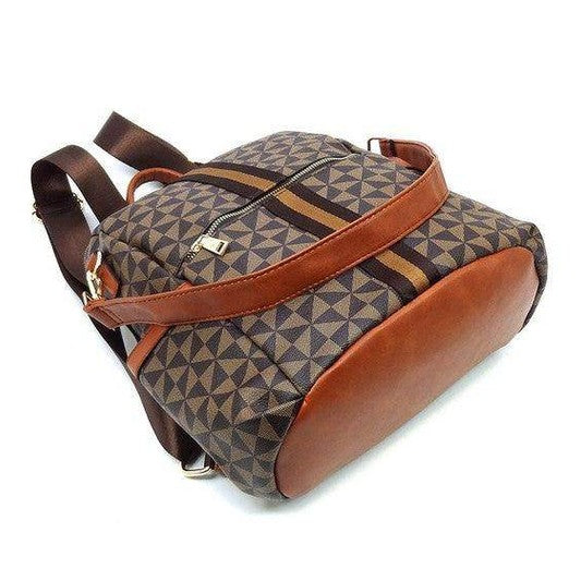 Fashion World stylish vacation backpack with geometric pattern and brown leather accents