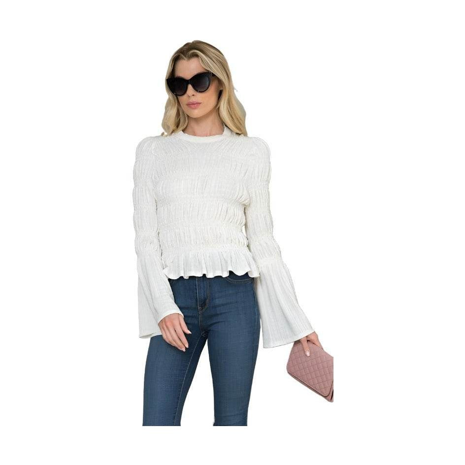 Andante USA stylish vacation blouse in white with ruffle hem and bell sleeves for trendy summer outings