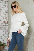 Andante USA Women's Stylish Vacation Blouse in White with Bell Sleeves and Textured Fabric