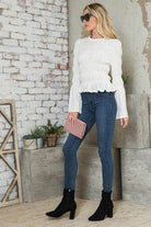 Andante USA Stylish Vacation Blouse in White with Bell Sleeves and Smocked Design, Perfect for Summer Outfits