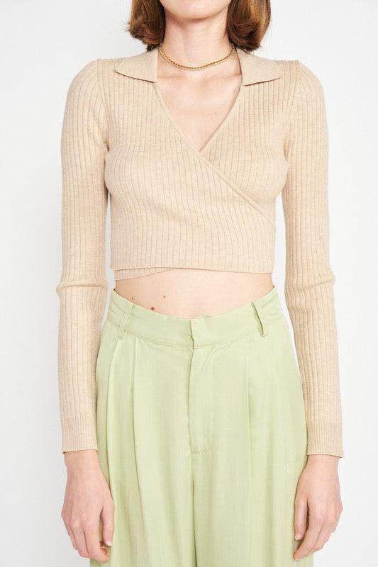 Emory Park stylish vacation crop top in beige with long sleeves and a flattering wrap design