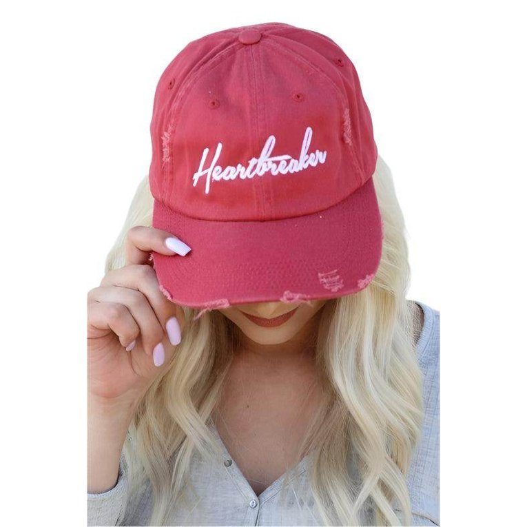 Red distressed Ocean and 7th stylish vacation hat with Heartbreaker embroidery for trendy summer outings