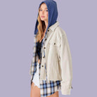 La Miel stylish vacation jacket with a unique hooded design and plaid accents for casual outings