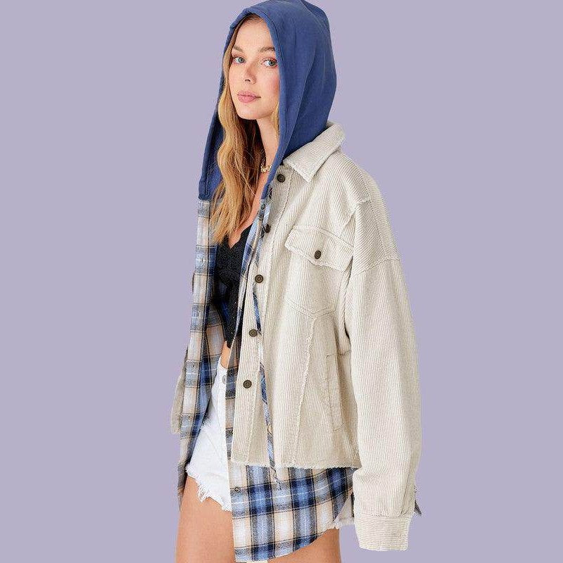La Miel stylish vacation jacket with a unique hooded design and plaid accents for casual outings