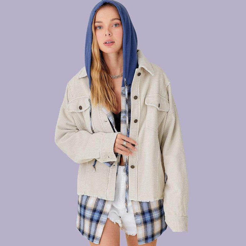 La Miel stylish vacation jacket featuring a hooded design and plaid accents for a trendy look