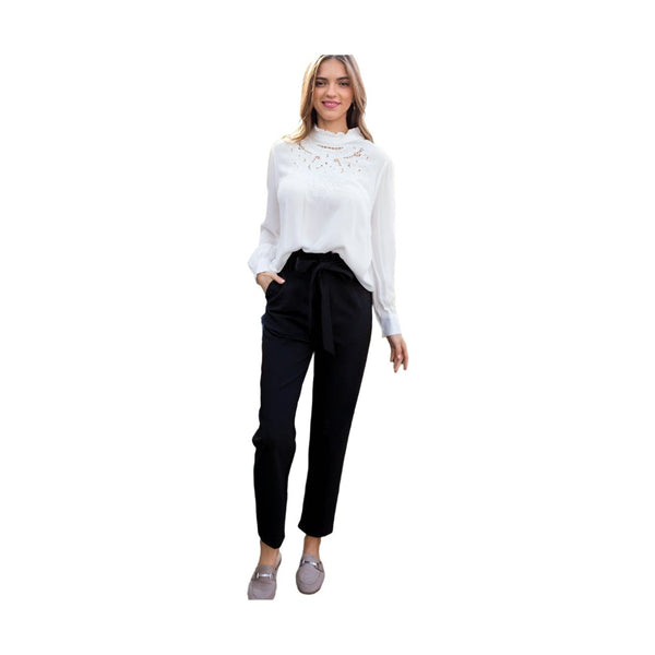 VacationGrabs women's stylish vacation pants in black with a tied waist paired with a white blouse