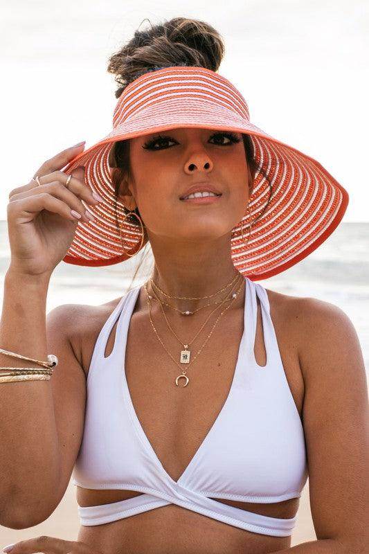 Aili's Corner stylish vacation sun hat with wide brim and orange stripes, perfect for beach days