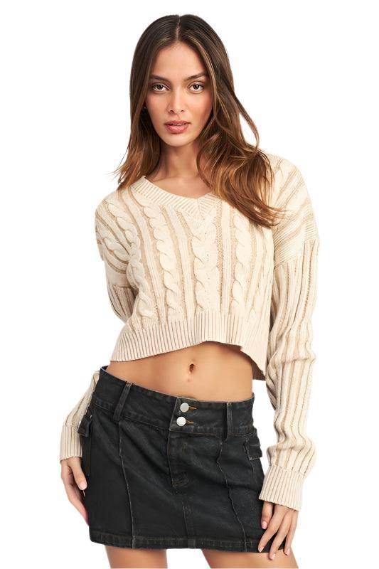Emory Park stylish vacation sweater in cream with cable knit design and cropped silhouette