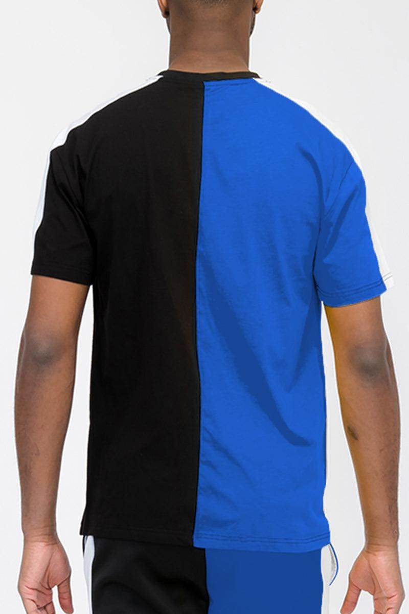 Men's WEIV stylish vacation t-shirt with a unique black and blue color block design