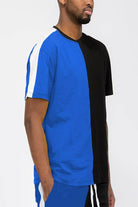 WEIV men's stylish vacation t-shirt in blue and black with a trendy color block design