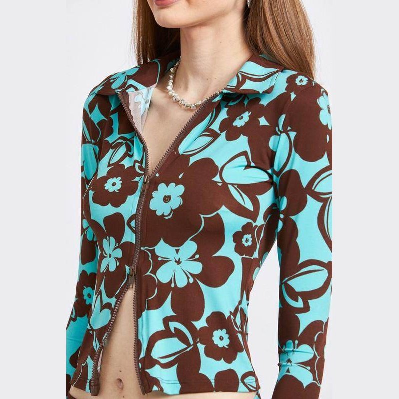 Emory Park stylish vacation top with brown and blue floral pattern and zip closure for casual outings