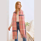 Bella Chic stylish winter scarf for vacations in pink and navy plaid design, perfect for cozy travels