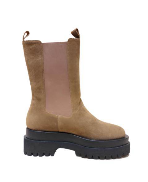 Stylish women's boots vacation in tan suede with chunky sole and elastic side panels