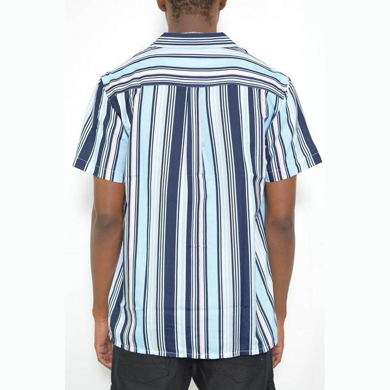 Men's WEIV summer beach button up shirt in blue and white stripes, perfect for casual outings