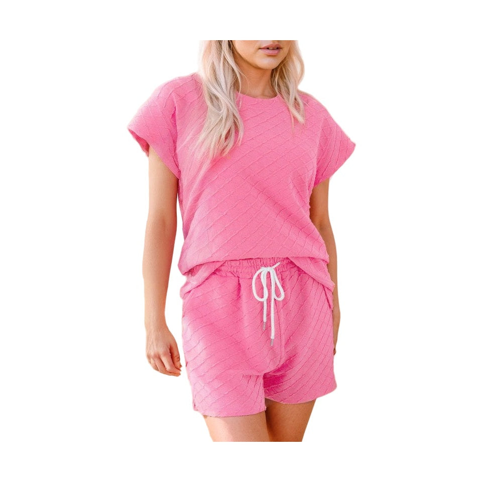 Pink summer casual drawstring shorts outfit with textured fabric and short sleeves by SHEWIN INC