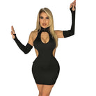 Woman wearing a black summer club halter dress for women with cutout details and matching arm sleeves