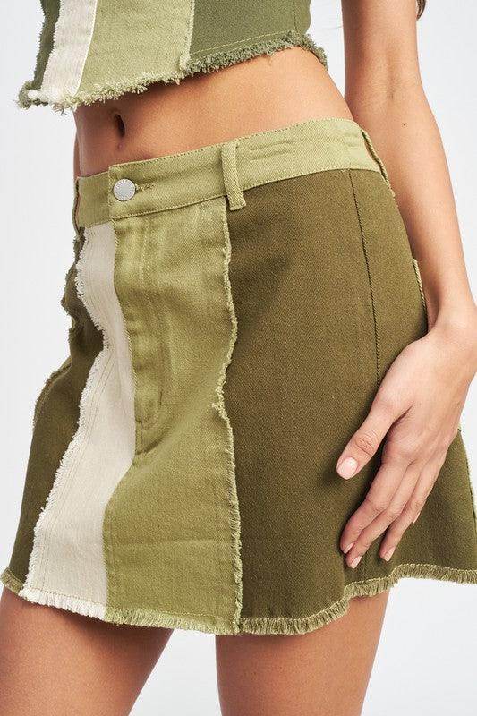 Emory Park Women's Summer Fashion Skirts in Green with Frayed Hem and Color Block Design