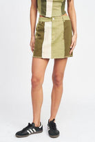 Emory Park Women's Summer Fashion Skirts in Olive Green with Color Block Design and Frayed Hem